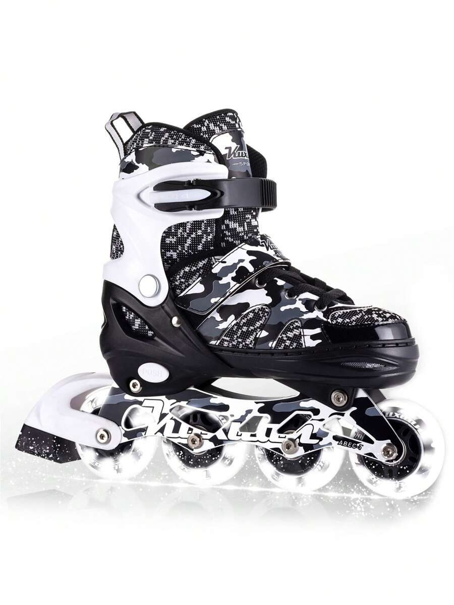 Black And White Camo Adjustable Inline Skates For Youth With Full Light Up Wheels For Girls And Boys Beginner