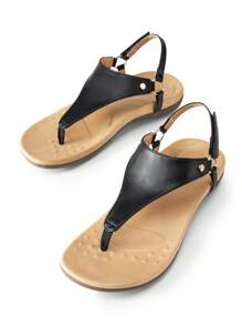 Women's Flat Sandals, Walking Sandals With Arch Support 0.78-Inch Heel Comfortable Soft Cushion Summer Casual T-Strap Thong Sandals Shoes - 黑色 - 查看 6