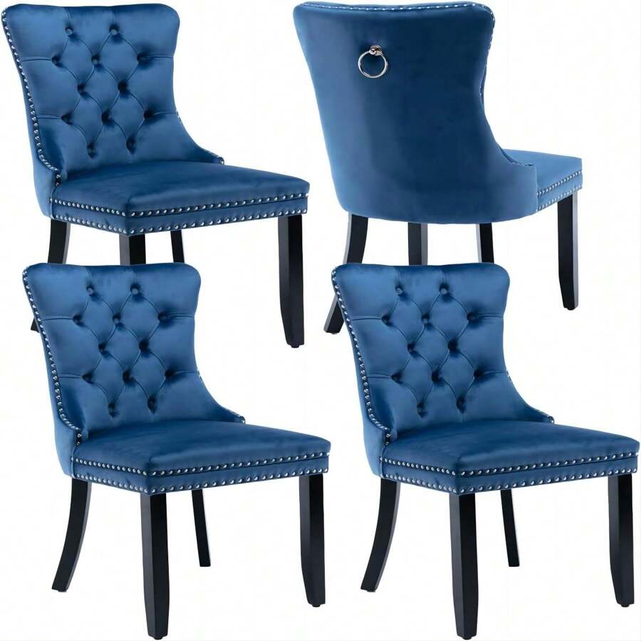 4 Piece Set Velvet Upholstered Dining Chairs, Wingback Side Chairs Button Tufted With Solid Wood Legs For Kitchen,Dining Room. - 藍色 - 查看 1