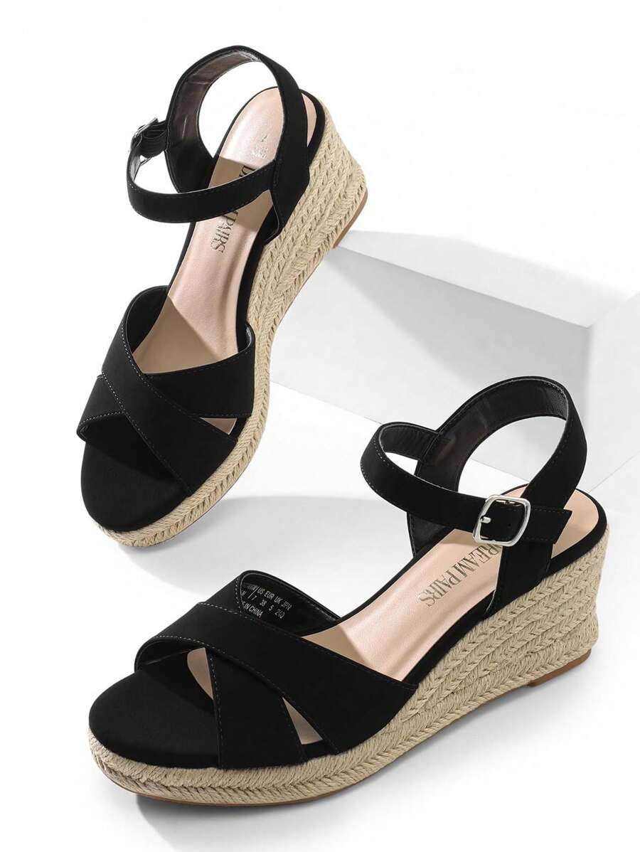 Women's Platform Wedges Sandals Espadrille Dressy Casual Summer Comfortable High Heeled With Adjustable Buckle Shoes - 黑色 - 查看 1