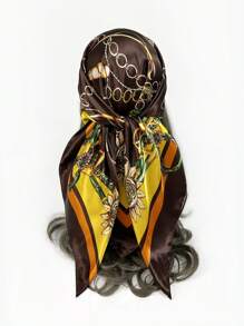 1入女士90cm正方形鏈條印花時尚絲巾，適合日常穿搭，方形絲巾、頭巾、頭巾上半身、波西米亞風頭巾，髮帶，頭帶，理想裝飾你的造型 - 藏蓝色 - 查看 14