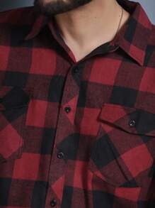 Camisa xadrez de flanela masculina, modelagem regular/manga comprida/quente/casual - Vinho - Visão 4