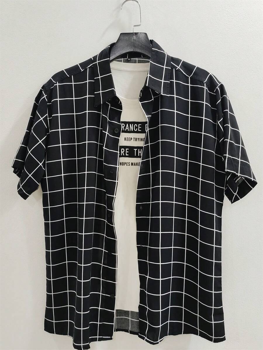 camisas social xadrez slim fit tecido viscolinho passa facil encolhe um pouquinho - Preto - Visão 1