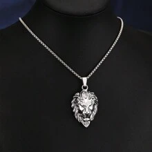 1 Stück modischer vintage Kette mit Anhänger in Form eines Löwenkopfes als heiliger Wächter, unisex Edelstahl Punk Stil lange Pullover Kette, beliebtes Accessoire Geschenk für Männer & Frauen