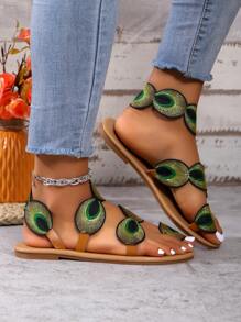 2025 Fashionable New Model Comfortable Sexy Beach Sandals, Flat Peacock Flower Thong Slippers For Women, EU/US Style