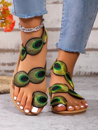 2025 Fashionable New Model Comfortable Sexy Beach Sandals, Flat Peacock Flower Thong Slippers For Women, EU/US Style