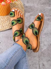 2025 Fashionable New Model Comfortable Sexy Beach Sandals, Flat Peacock Flower Thong Slippers For Women, EU/US Style