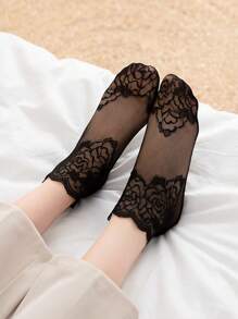 5 Pares/paquete Calcetines Cortos De Borde De Encaje Negro, Calcetines Delgados De Verano Para Mujeres