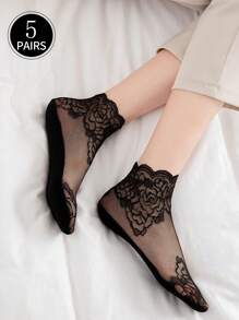 5 Pares/paquete Calcetines Cortos De Borde De Encaje Negro, Calcetines Delgados De Verano Para Mujeres