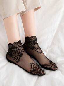 5 Pares/paquete Calcetines Cortos De Borde De Encaje Negro, Calcetines Delgados De Verano Para Mujeres