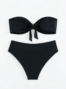 New Sexy Bikini Set With Metallic Details, Strapless And 2 Pieces Summer - Black - View 10