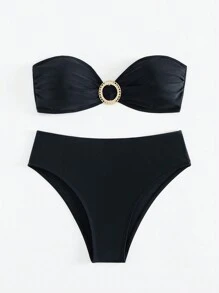 New Sexy Bikini Set With Metallic Details, Strapless And 2 Pieces Summer - Black - View 11