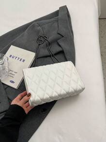 1 件简约时尚凹痕钻石形方形包锁扣翻盖开口金属链条单肩包适合女性日常休闲使用 - 白色 - 查看 5