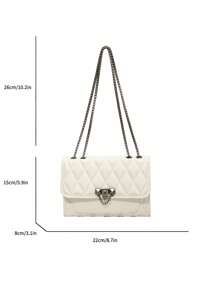 1 件简约时尚凹痕钻石形方形包锁扣翻盖开口金属链条单肩包适合女性日常休闲使用 - 白色 - 查看 7