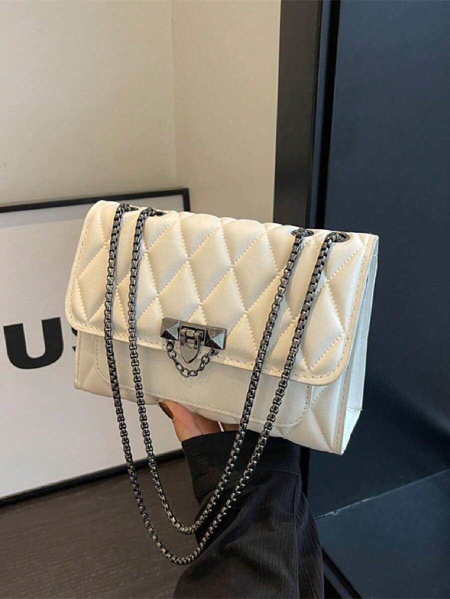 1 件简约时尚凹痕钻石形方形包锁扣翻盖开口金属链条单肩包适合女性日常休闲使用