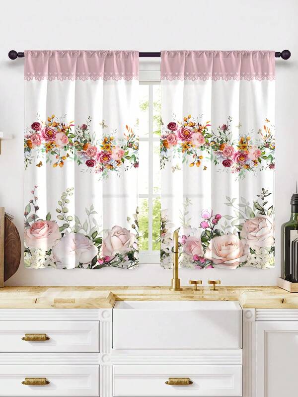 2pcs Multicolor Flower & Butterfly Digital Printed Decorative Rod Pocket Window Curtains, All Seasons, Suitable For Kitchen