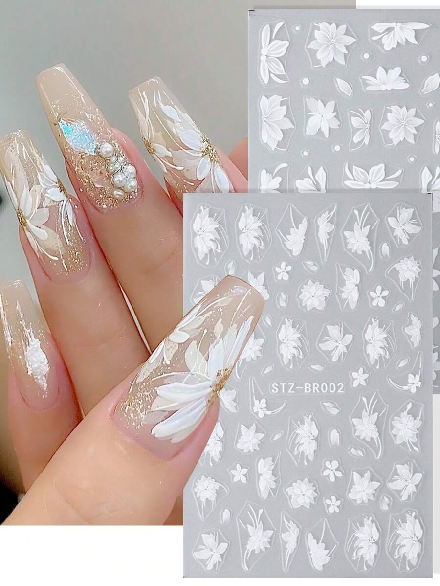 2 Chiếc Camellia Miếng Dán Móng Tay Hoa Mộc Lan Trắng Thanh Lịch Năm Cánh Hoa Charm Cưới Thiết Kế Móng Tay Đề Can Trang Trí Dán Móng Tay DIY - trắng - Xem 1