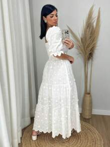 Vestido Longo Luxo  lese bordado  3D manga curto - Branco - Visão 3