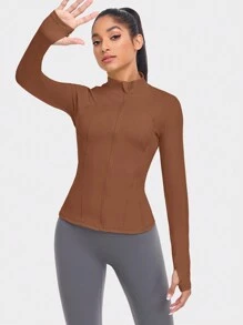 VUTRU 1 件女式运动夹克，带拇指孔，修身剪裁，适合跑步和瑜伽 - 摩卡棕 - 查看 5