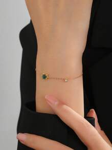 1pc S925 Sterling Silver Gold Plated Square Shaped Green Cubic Zirconia Bracelet For Women - Fashionable, Luxurious, And Versatile Gift For Women