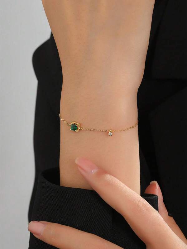 1pc S925 Sterling Silver Gold Plated Square Shaped Green Cubic Zirconia Bracelet For Women - Fashionable, Luxurious, And Versatile Gift For Women