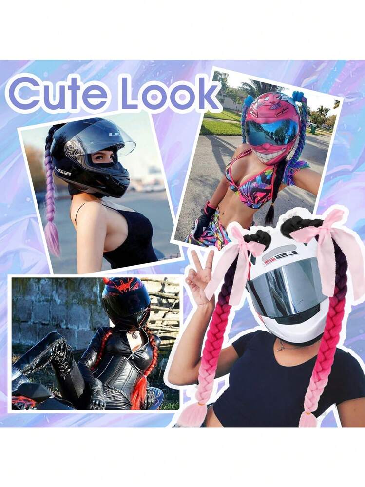 girl motorcycle helmet pony tail HHongJM Hair Helmet Pigtails Gradient Ramp Helmet Ponytail with Suction Cup for Bike Ombre Color 2PCS 14inch (Black Pink) : Automotive pull and secure to make tight tie onto braids Braids Wig Multicolor Twist Pigtail