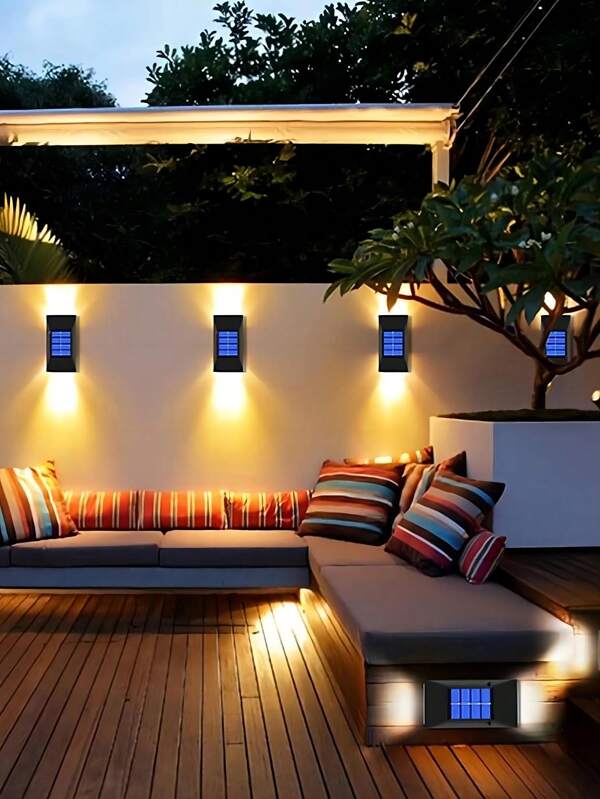 2 piezas Luces de pared solares ascendentes y descendentes, luces LED para escalera a prueba de agua para exteriores, luces decorativas de pared modernas, adecuadas para patios, jardines, céspedes, porches, cercas, caminos y otras áreas exteriores (el producto incluye papel adhesivo para una instalación talla grande conveniente y rápida)