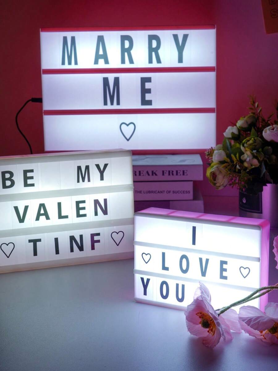 1个粉色A6/A5/A4电池供电灯箱，带黑色拼图卡片和USB线，可DIY字母造型床头灯，适用于家居装饰、卧室、生日、求婚、摄影、派对、露营、客厅装饰，LED灯 - 白色 - 查看 1