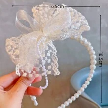 1 Pieza Diadema De Perlas Con Lazo Decorado De Encaje De Moda Para Niñas - Blanco - Ver 3