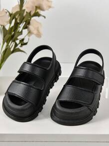 One Pair Of White Exquisite Pu Hook-And-Loop Sports Sandals For Kids, Simple Style But Nice, Suitable For Summer - Black - View 4