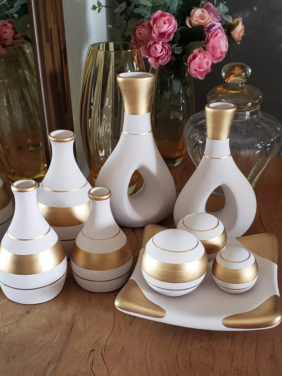 Kit 9 Peças de vasos Enfeite Marrom centro de mesa Decorativo em Cerâmica para Rack Sala Aparador Conjunto de vaso de cerâmica bege estilo - Bege - Visão 1