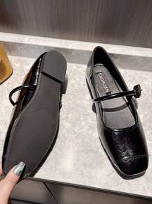 女性復古瑪麗珍鞋，方頭柔軟平底鞋適合法式穿搭，大尺碼41-43 - 黑色 - 查看 5