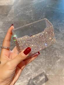 1pc Rhinestone Decorated Creative Business Card Holder Storage Box For Small Accessories, Desk Decoration - Silver - View 4