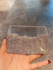 1pc Rhinestone Decorated Creative Business Card Holder Storage Box For Small Accessories, Desk Decoration - Silver - View 1