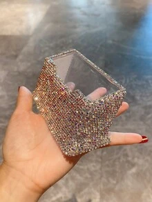 1pc Rhinestone Decorated Creative Business Card Holder Storage Box For Small Accessories, Desk Decoration - Silver - View 5