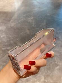 1pc Rhinestone Decorated Creative Business Card Holder Storage Box For Small Accessories, Desk Decoration - Silver - View 2