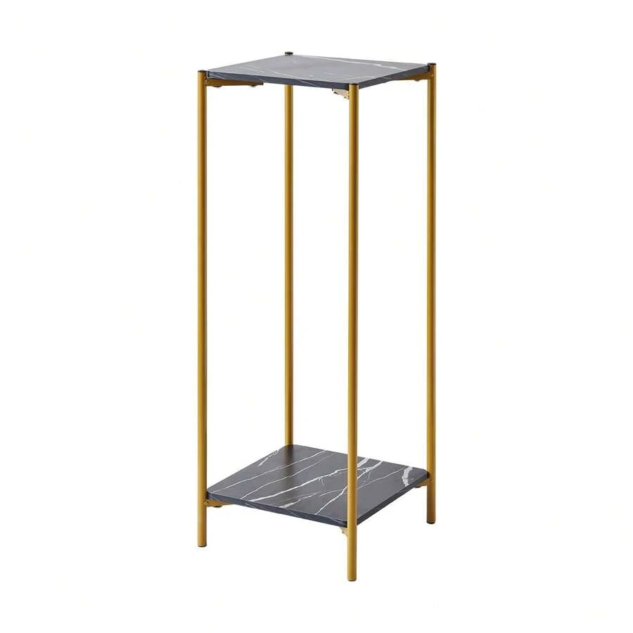 Tall Table With 2 Tiers, Square End Table Sofa Side Table, 90cm Plant Stand Indoor Plant Holder, With Marble Texture - Black - View 1