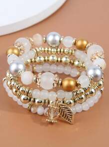 4入組簡約百搭多層珠子樹葉和水滴吊墜飾品裝飾女士手鍊 - 藏蓝色 - 查看 12