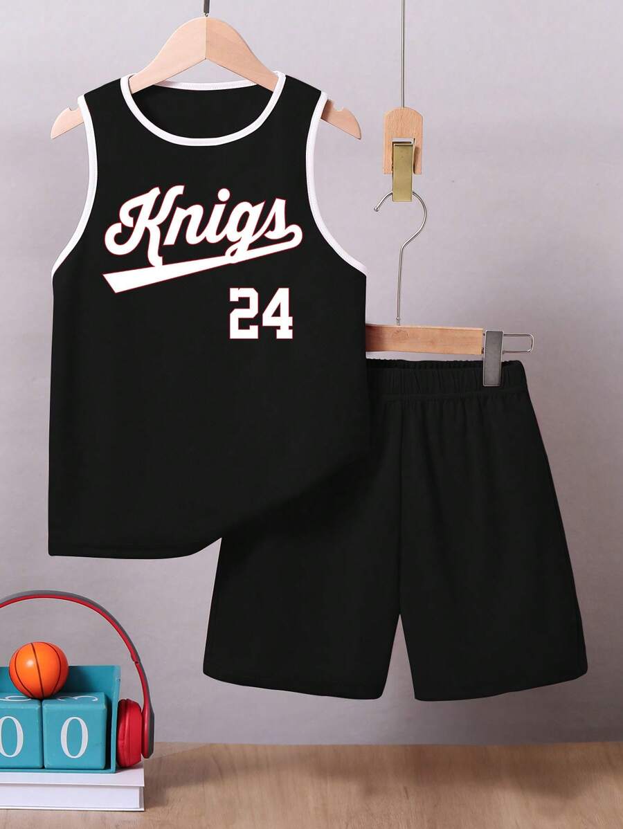 適合十幾歲男孩的2入組夏季休閒運動透氣快乾印有圖案的圓領背心和純色短褲套裝