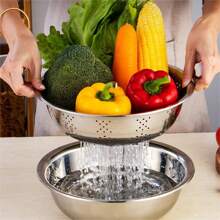 3件套10英寸不锈钢滤锅套装、蔬菜水果切片器、蔬菜磨碎器、土豆削皮器、胡萝卜磨碎器、金属滤网、圆形洗米碗、沥水篮、厨房配件 - 銀色 - 查看 5