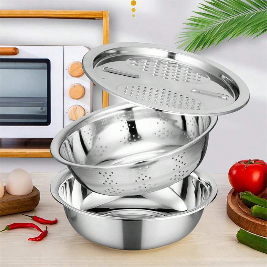 3件套10英寸不锈钢滤锅套装、蔬菜水果切片器、蔬菜磨碎器、土豆削皮器、胡萝卜磨碎器、金属滤网、圆形洗米碗、沥水篮、厨房配件 - 銀色 - 查看 1