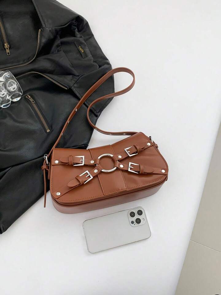1pc Street Fashion Bag With Belt Buckle Decor, Rivet Inlay