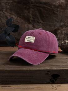 1頂男女適用的酒紅色洗水棒球帽，附有標誌標籤，戶外時尚可調節帽子 - 酒紅色 - 查看 4