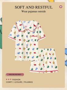 [PONX] Bộ đồ ngủ mùa hè thân thiện với da, thời trang, in hình hoạt hình, cổ Peter Pan, tay ngắn và quần short - Màu be - Xem 1