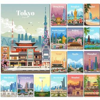 1pc A4 Size Modern Art Design Illustration Style Asian City Landscape Poster Without Frame For Room Decoration, Living Room And Bedroom Wall Art,Canvas