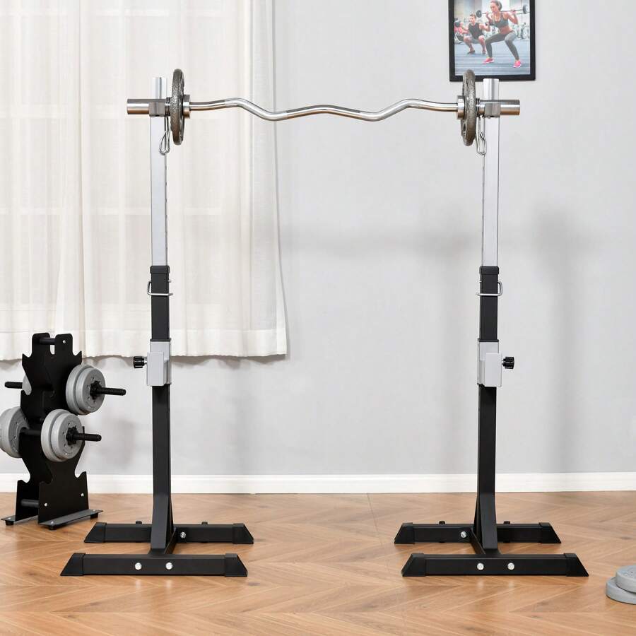 Set 2 Rack Porta Bilanciere in Acciaio, 2 Ganci con Altezza Regolabile, Capacità 150kg, 55x57x105-170cm, Nero - nero - Visualizzare 1