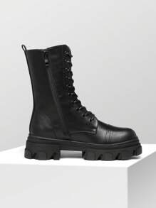 Women's Combat Boots Lace Up Mid Calf Boots Low Heel Chunky Platform Riding Boots Winter Festival Party Valentine's Day  Black Spring Boots - 黑色/PU - 查看 5