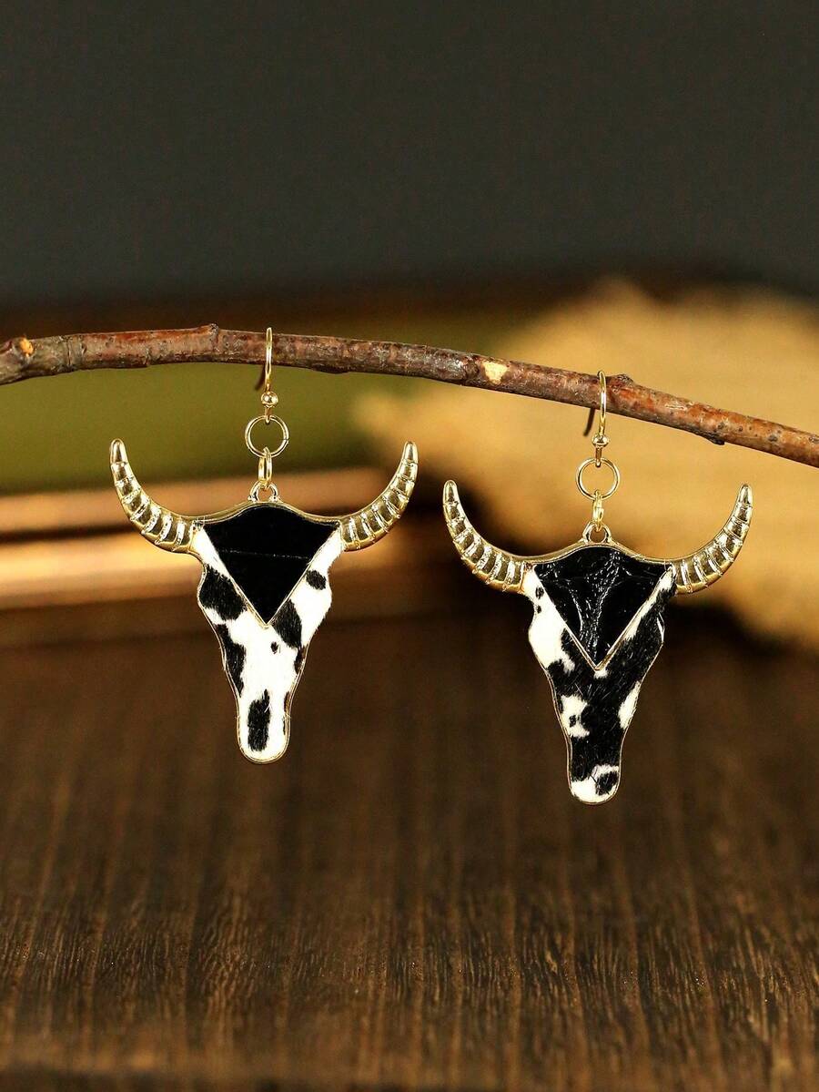 1 对女士复古夸张西部牛仔风格牛头仿皮时尚简约耳环 - 彩色 - 查看 1