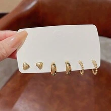 1對簡約優雅s925銀戀愛和圓圈耳針,女士、學生、防過敏 - 金色 - 查看 1