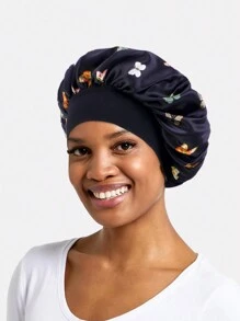 Butterfly Print Hair Bonnet Silk Bonnet Satin Bonnet - Black - View 3